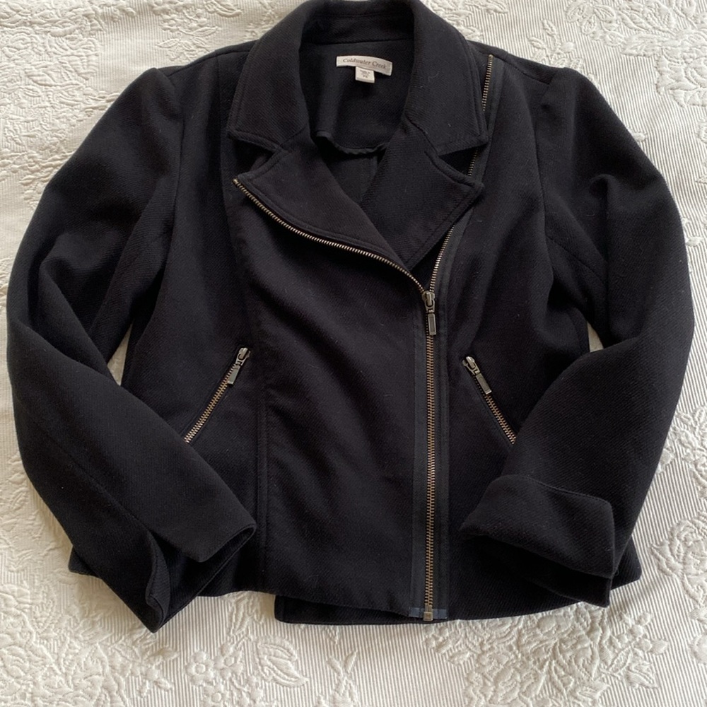 Coldwater Creek Petite size 6 black asymmetrical Moto jacket in great condition